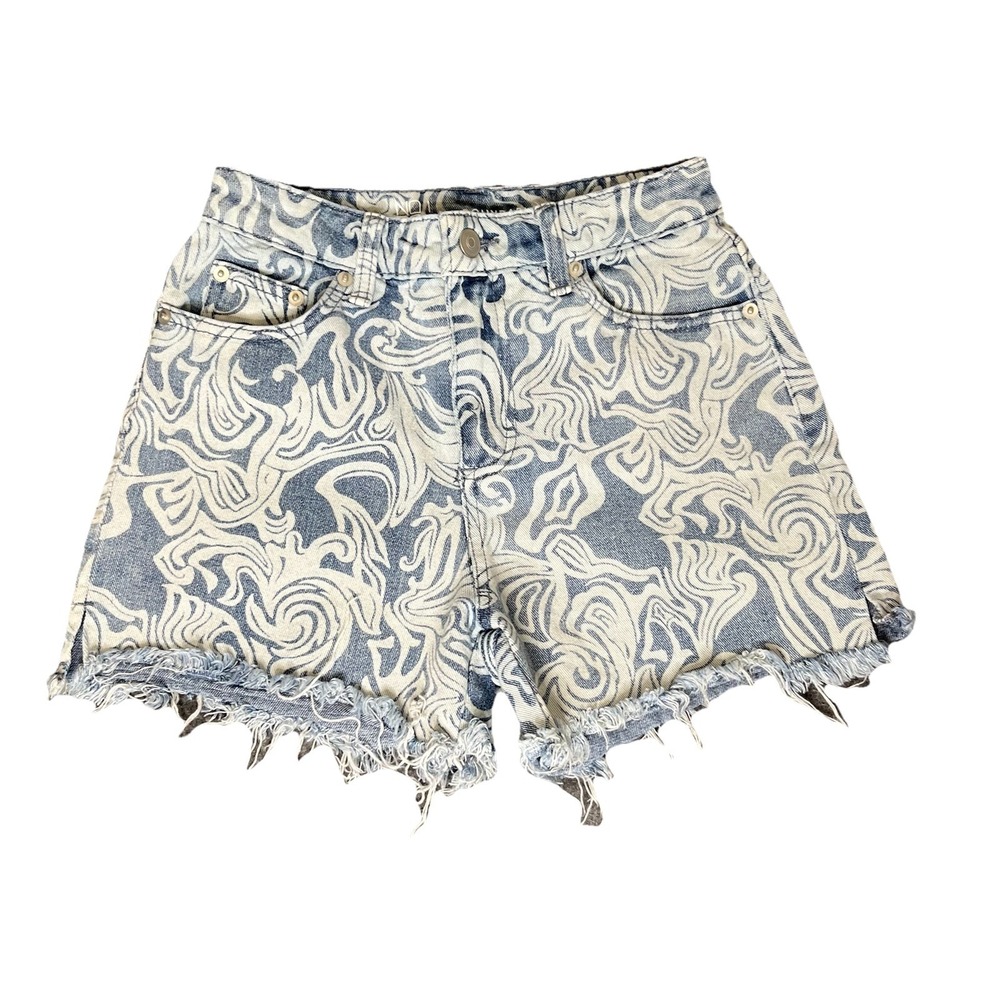 No Bo Denim‎ Shorts Jrs 1 Blue Swirl Psychedelic High Rise Frayed Festival Indie
